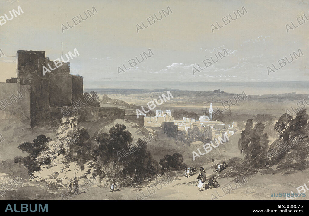 Tripoli, William James Muller, 18121845, British, ca. 1834, Watercolor, graphite, and gouache on medium, slightly textured, beige wove paper, Sheet: 10 13/16 x 16 5/8 inches (27.5 x 42.2 cm), architectural subject, cityscape, landscape, mosque, Africa, Libya, Tripoli.