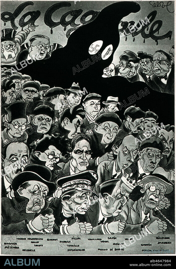 'La cagoule' avec les principaux membres de ce groupe d'extreme droite. Caricature de Raoul CABROL (1895-1956) publiee dans Regards du 24 fevrier 1938. ADAGP. Credit : Collection KHARBINE-TAPABOR.