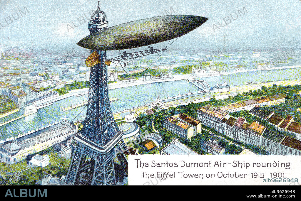 'The Santos Dumont Air-ship rounding the Eiffel Tower, on October 19th 1901', (c1910). Brazilian aviation pioneer Alberto Santos-Dumont (1873-1932) in his airship (dirigible) No 6 rounding the Eiffel Tower, Paris, while winning the Deutsch Prize, 19 October 1901. From a series of postcards on aviation published c1910.