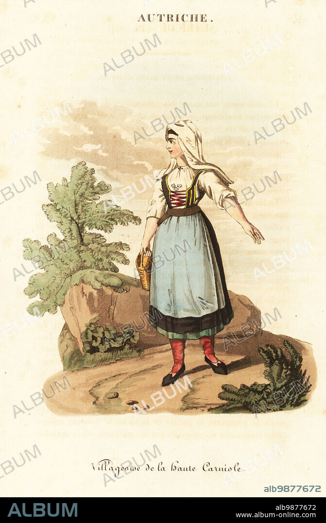 Peasant woman of Slovenia (Upper Carniola), 18th century. In summer dress with peca headscarf, shift, bodice black petticoat, red shoes and stockings. Villageoise de la haute Carniole. Handcoloured copperplate engraving after an illustration by William Alexander from J-B. Eyries L'Autriche: Costumes, Moeurs et Usages des Autrichiens, Austria: Costumes, Manners and Mores of the Austrians, Librairie de Gide Fils, Paris, 1823. Jean-Baptiste Eyries (1767-1846) was a French geographer, author and translator.