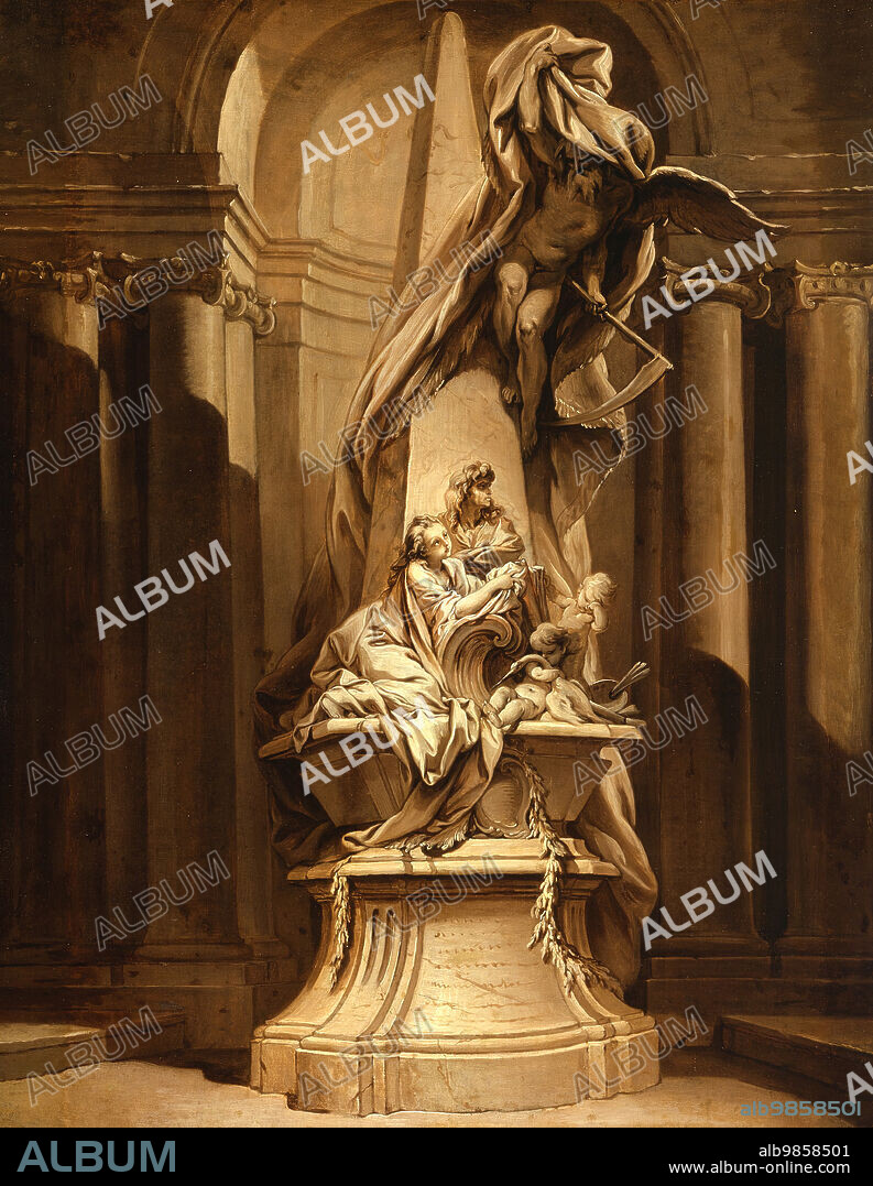 FRANCOIS BOUCHER. Monument to Mignard, c1735. The funerary monument to the 17th century French artist Pierre Mignard was commisioned by his daughter Countess Feuquiere from Jean Baptiste Lemoyne in 1735 for the Church of Jacobins in Paris and heavily vandalised during the Revolution. The figure of Time rises in the air.