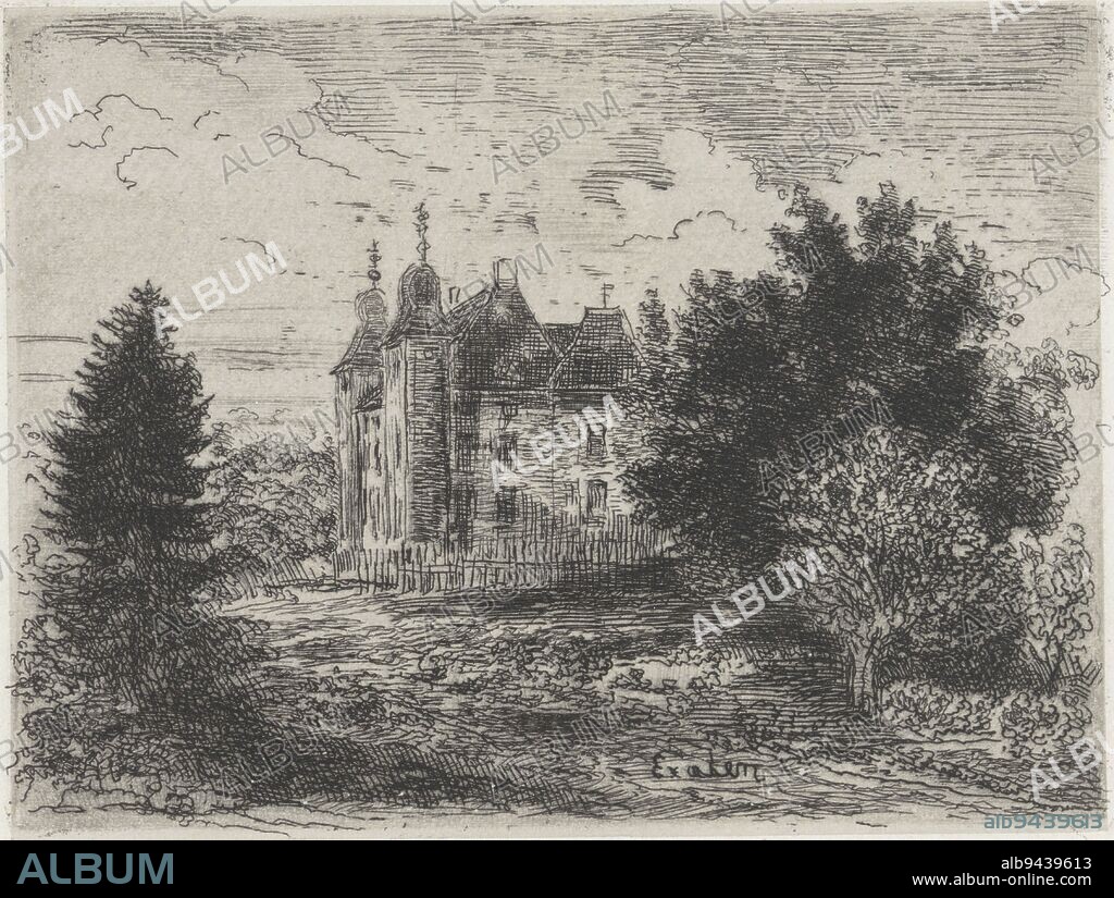 View of Exaten Castle Pres de la Meuse, 11 Eaux-Fortes , print maker: Alexander Schaepkens, (mentioned on object), c. 1855, paper, etching, h 90 mm × w 119 mm.