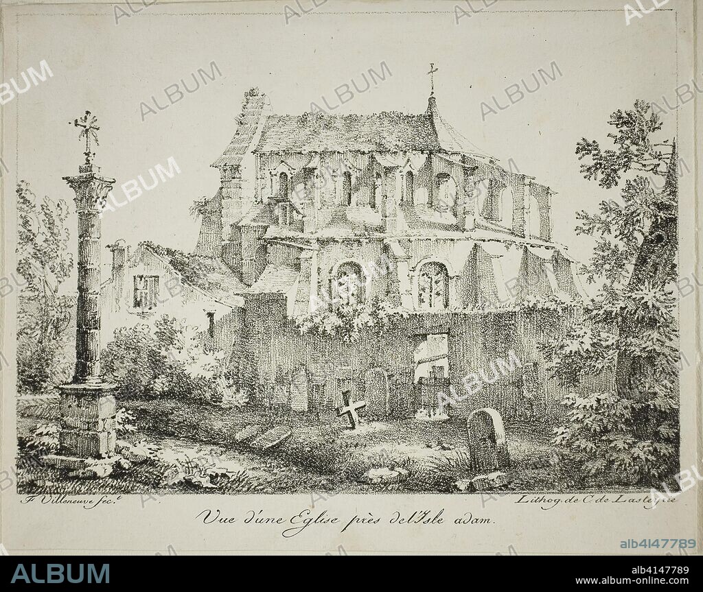 View of a Church Near l'Isle-Adam. Louis Jules Frederic Villeneuve (French,  1796-1842); printed by Comte de Charles Philibert Lasteyrie du Saillant  (French, 1759-1849). Da - Album alb4147789
