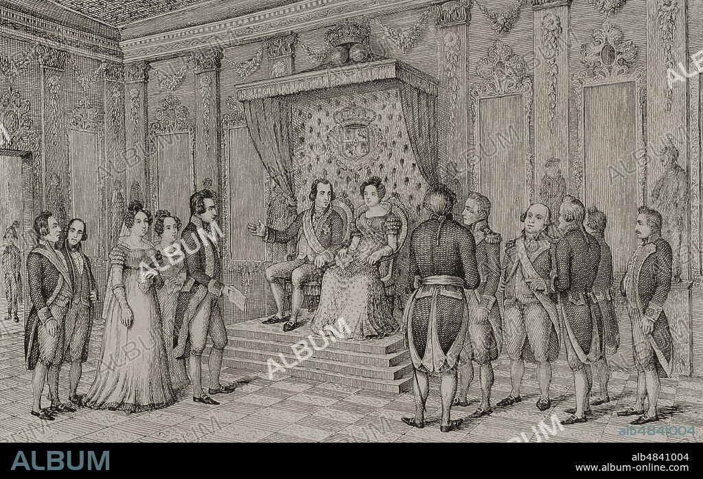 Reinado de Carlos IV de España. El político español Manuel Godoy, Príncipe de la Paz (1767-1851) nombrado Generalísimo (1801 a 1808), ante los reyes Carlos IV y María Luisa de Parma. Historia del Levantamiento, Guerra y Revolución de España, por el Conde de Toreno, Madrid,1851.