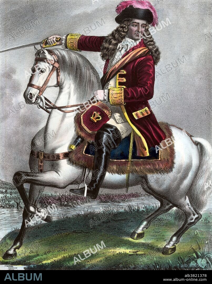 Print entitled: William III, Prince of Orange! At the battle of the Boyne. 1690. William III & II (November 4, 1650 - March 8, 1702) was a sovereign Prince of Orange of the House of Orange-Nassau by birth. From 1689 he reigned as William III over England and Ireland. As King of Scotland, he is known as William II. In 1688 he invaded England in an action that ultimately deposed King James II & VII and won him the crowns of England, Scotland and Ireland. In the British Isles, William ruled jointly with his wife, Mary II, until her death in 1694. A Protestant, William participated in several wars against the powerful Catholic king of France, Louis XIV. Many Protestants heralded him as a champion of their faith. Largely because of that reputation, William was able to take the British crowns when many were fearful of a revival of Catholicism under James. William's victory over James at the Battle of the Boyne in 1690 is still commemorated by the Orange Order. His reign marked the beginning of the transition from the personal rule of the Stuarts to the more Parliament-centered rule of the House of Hanover. He died in 1702, aged 51, of pneumonia, a complication from a broken collarbone following a fall from his horse, Sorrel.