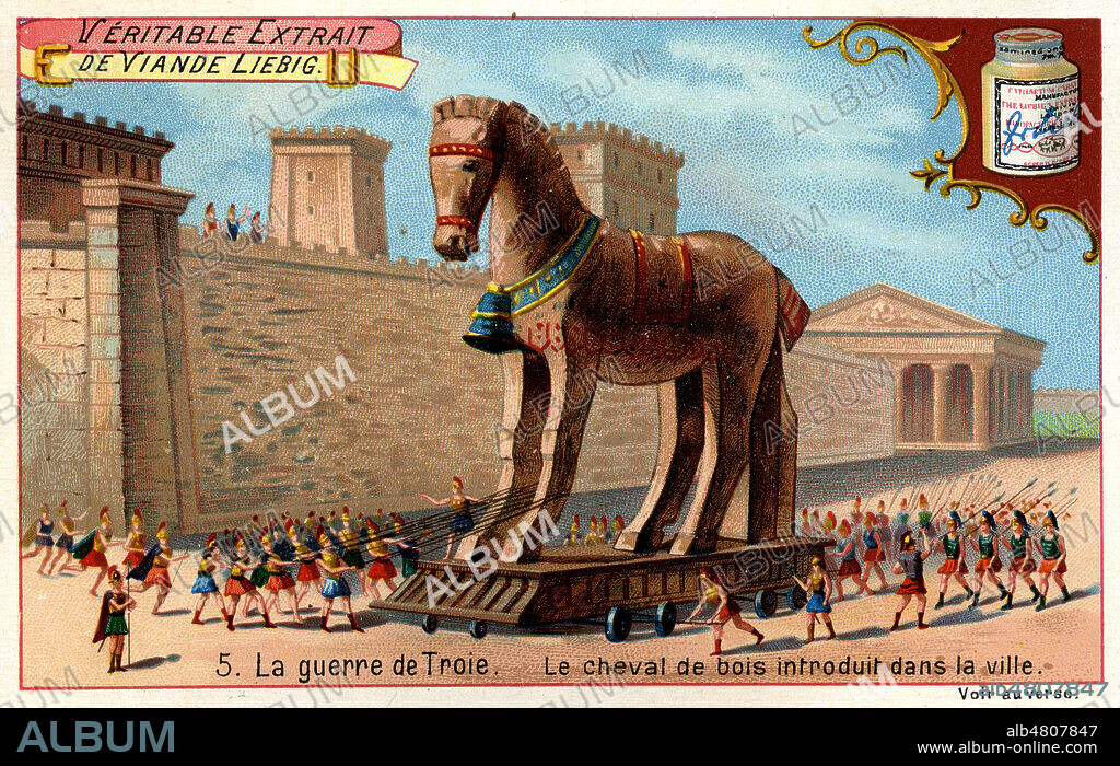 Le cheval de bois introduit dans la ville. Chromo Liebig de 1893 sur la Guerre de Troie. Credit : Collection IM/KHARBINE-TAPABOR.