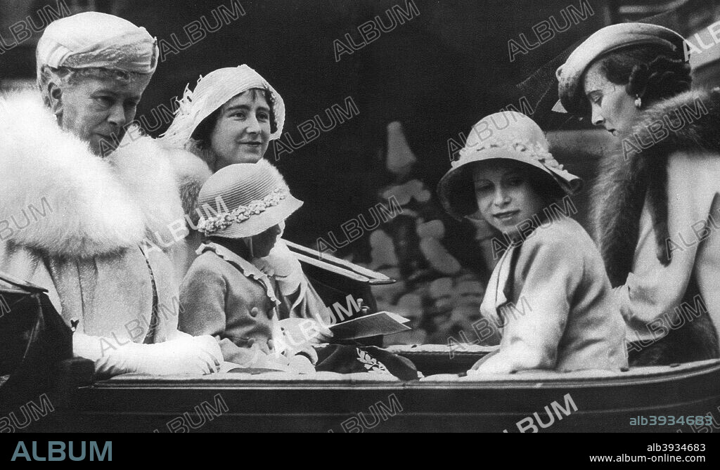 Queen Mary with her daughter-in-law and grandchildren, 1936. Queen Mary; the Duchess of York, wife of Queen Mary's son King George VI, (the future Queen Mother); the Duchess of Kent, wife of Prince George; Princess Elizabeth, (later Queen Elizabeth II), and her sister Princess Margaret.