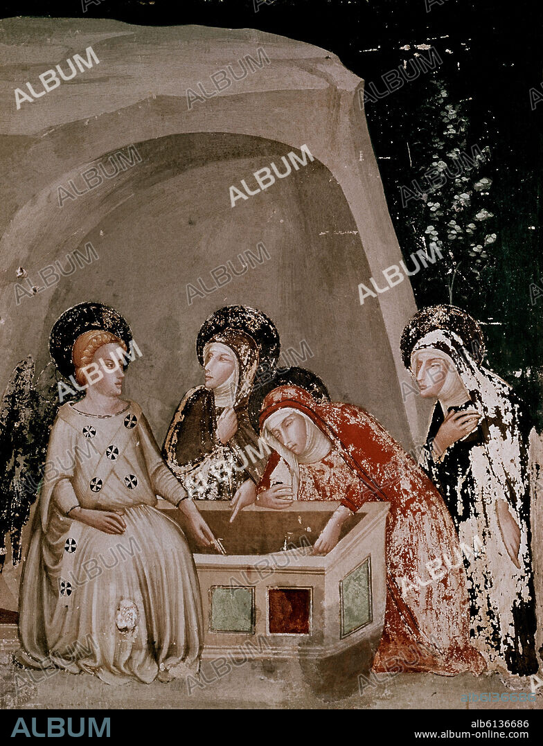 JAUME FERRER BASSA (1285-1348). MUJERES ANTE SEPULCRO - PINTURA MURAL DE LA CAPILLA DE SAN MIGUEL - SIGLO XIV - GOTICO CATALAN.