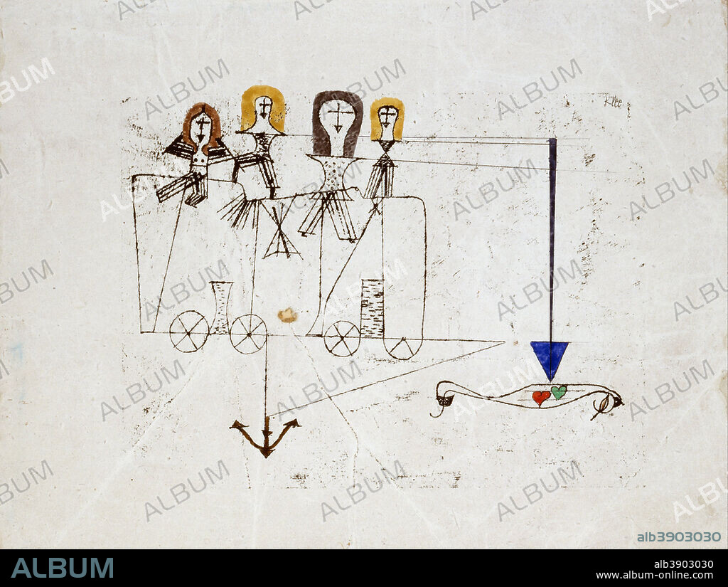 PAUL KLEE. The Virtue Wagon (to the memory of October 5, 1922). Date/Period: 1922. Drawing. Oil transfer drawing and watercolor on prepared ground on paper Oil transfer drawing and watercolor on prepared ground on paper. Height: 311.15 mm (12.25 in); Width: 406.40 mm (16 in).