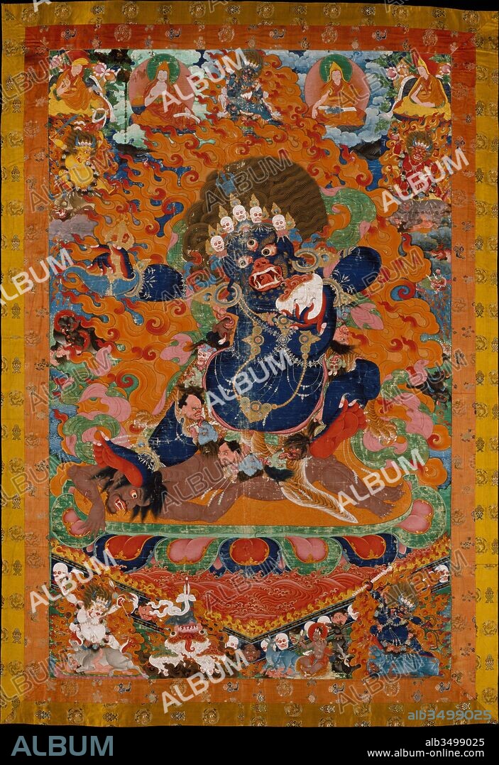 Yamantaka, Destroyer of the God of Death, early 18th century, Tibet, Distemper on cloth, 72 3/8 x 46 5/8 in. (183.8 x 118.4 cm), Paintings, This image of a wrathful protector of Buddhism would have been an awesome presence in the dimly lit interior of a Tibetan monastery. Yamantaka is a violent aspect of the Bodhisattva Manjushri, who assumes this form to vanquish Yama, the god of death.