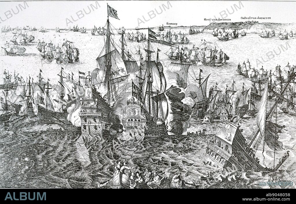 The naval Battle of the Downs took place on 31 October 1639 (New style), during the Eighty Years' War and was a decisive defeat of the Spanish, commanded by Admiral Antonio de Oquendo, by the United Provinces, commanded by Lieutenant-Admiral Maarten Tromp. 40 Spanish and Portuguese ships were captured and destroyed. Only 18 ships escaped. the flagship Tromp, flying the flag in battle with the Portuguese flagship, the Virgin.