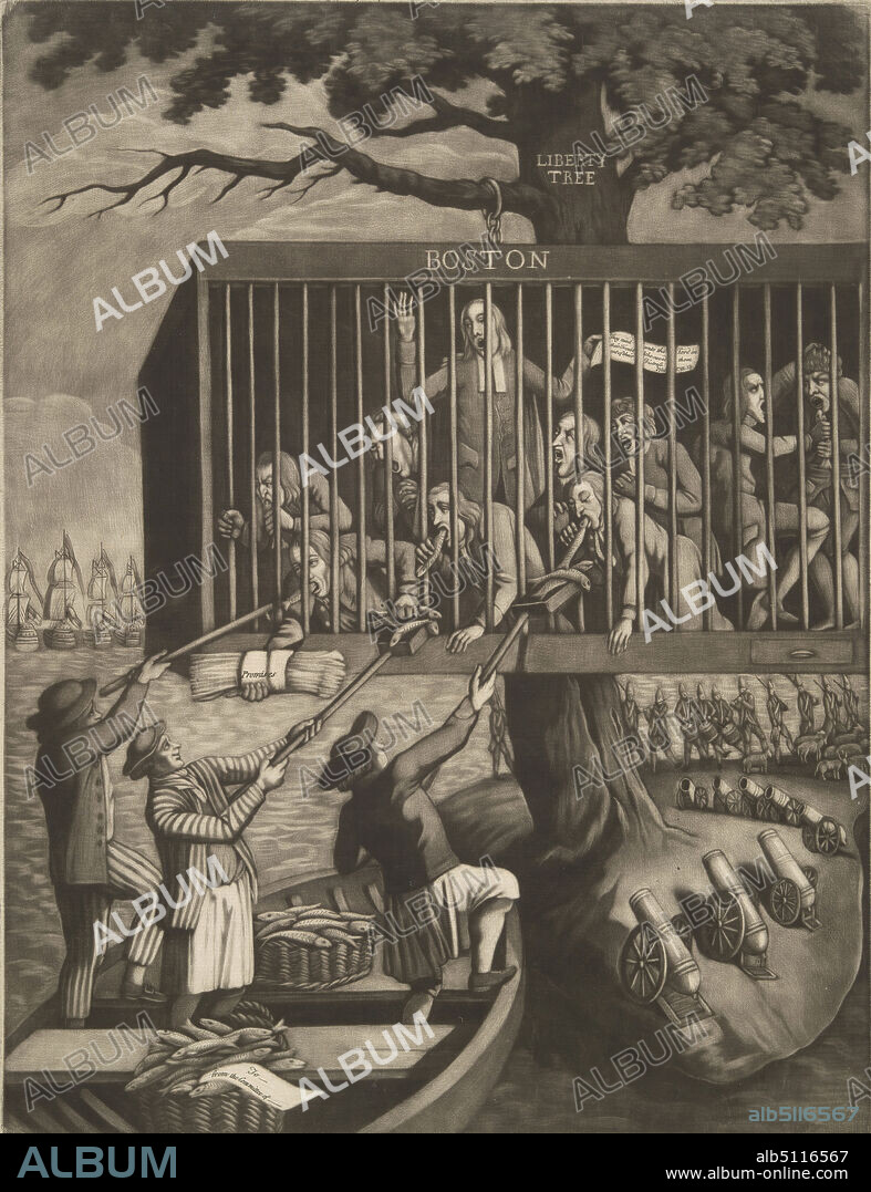 Artist, attributed to: Philip Dawe, British, ca. 1750ca. 1790, Publisher: Robert Sayer, British, 17251794, Publisher: James M. Bennett, American, active mid-late 18th century, The Bostonians in Distress, Plate 2 of 6, Mezzotint with some burin work, sheet: 47.6 × 29.2 cm (18 3/4 × 11 1/2 in.), This mezzotint illustrates the contentious climate in Boston following the colonists protests against the British-imposed Tea Act of 1773. Ten piteous men representing the city of Boston are imprisoned in a cage that hangs precariously from a dead branch. The gravity of the citys plight is represented by the ring of cannons surrounding the liberty tree and by several British frigates, which float menacingly in the background. These foreboding signs are counterbalanced by the cooperation of neighboring regionsindicated by the boatload of rescuers at the lower left, who present the imprisoned Bostonians sustenance in the form of fish, a religiously symbolic offering. , Made in United States, American, 18th century, Works on Paper - Prints.