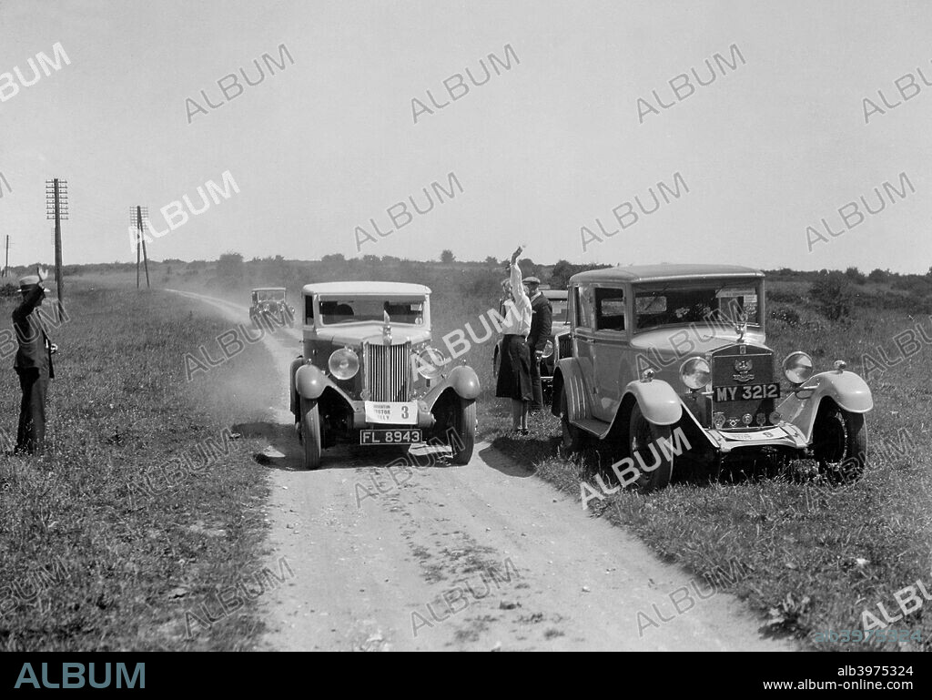 Centre: MG 18/80 Saloon. 1930 2468 cc. Reg. No.  FL8943. Entry No: 3. Driver: Gough, Mrs. R. Right: Bianchi Saloon. 1930 1287 cc. Reg. No.  MY3212.   B&HMC Brighton Motor Rally. Date: 28.6-1.7.30.