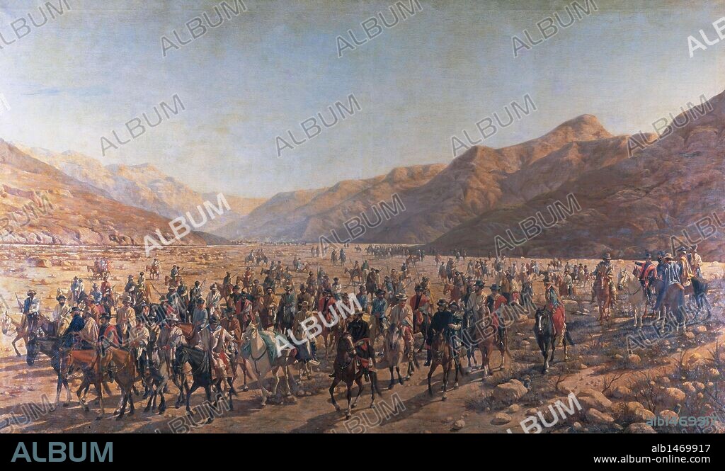 LAVALLE, Juan Galo (Buenos Aires, 1797-Jujuy, 1841). Patriota y político argentino. Fué derrotado por el general Manuel Oribe en Famaillá el 19 de septiembre de 1841, se refugió en Jujuy, donde fue asesinado por los seguidores de Rosas (los rosistas). "Conducción del cadaver de JUAN GALO LAVALLE por la Quebrada de Humahuaca, provincia andina argentina donde se había refugiado". Oleo de M. Blanes.