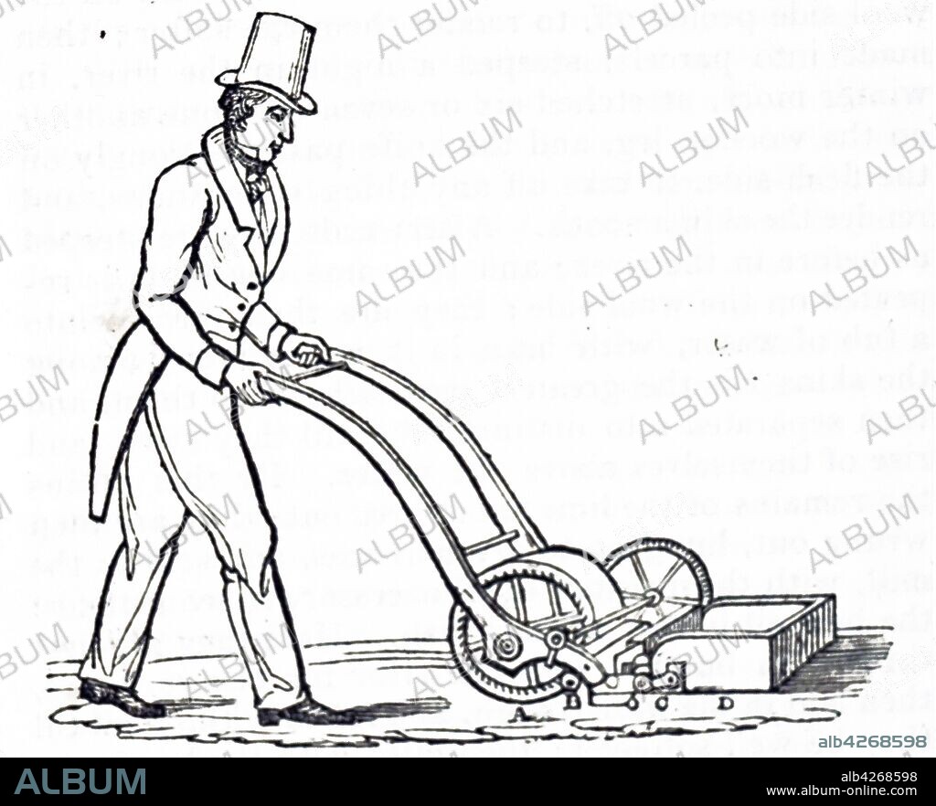 Illustration depicting a shearing machine lawn mower invented by