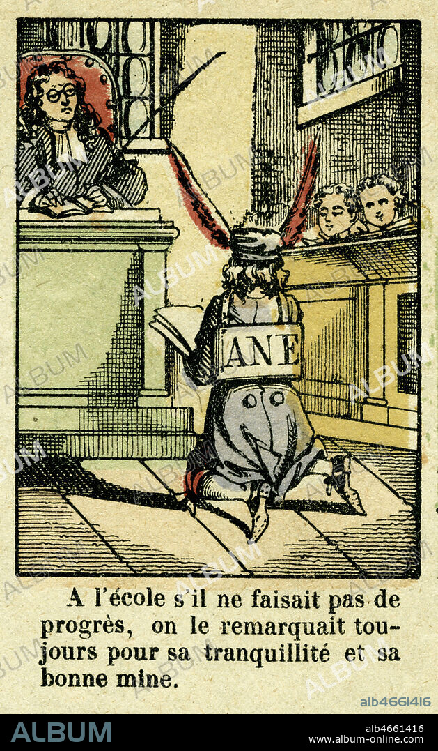 Scene de classe avec ecolier a genoux devant le bureau du maitre portant un bonnet d'ane et une pancarte ANE. Imagerie Pellerin a Epinal 'Histoire de Bazile'. n°1122. Vers 1880. Credit Collection Kharbine Tapabor.