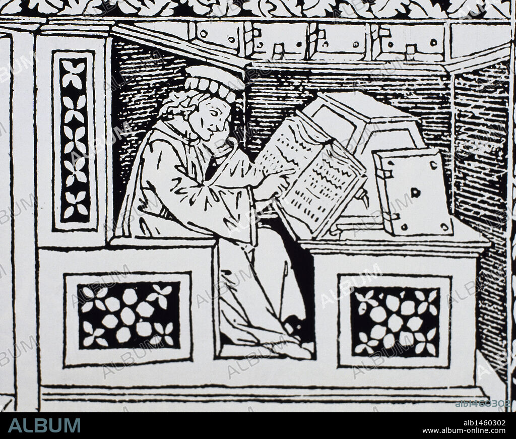 MONJE en su escritorio. Grabado del s. XV procedente del Libro di Scacchi.