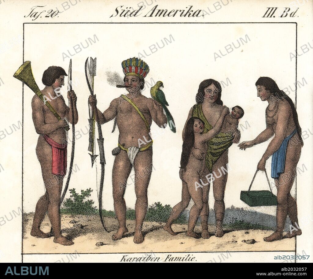 Carib family of Surinam with father smoking a ciger, holding a parrot and bow and arrow, and wife with baby in shawl and naked daughter. Handcoloured lithograph from Friedrich Wilhelm Goedsche's "Vollstaendige Völkergallerie in getreuen Abbildungen" (Complete Gallery of Peoples in True Pictures), Meissen, circa 1835-1840. Goedsche (1785-1863) was a German writer, bookseller and publisher in Meissen. Illustration adapted from Stedman's "Narrative of a Five Years Expedition," 1796.