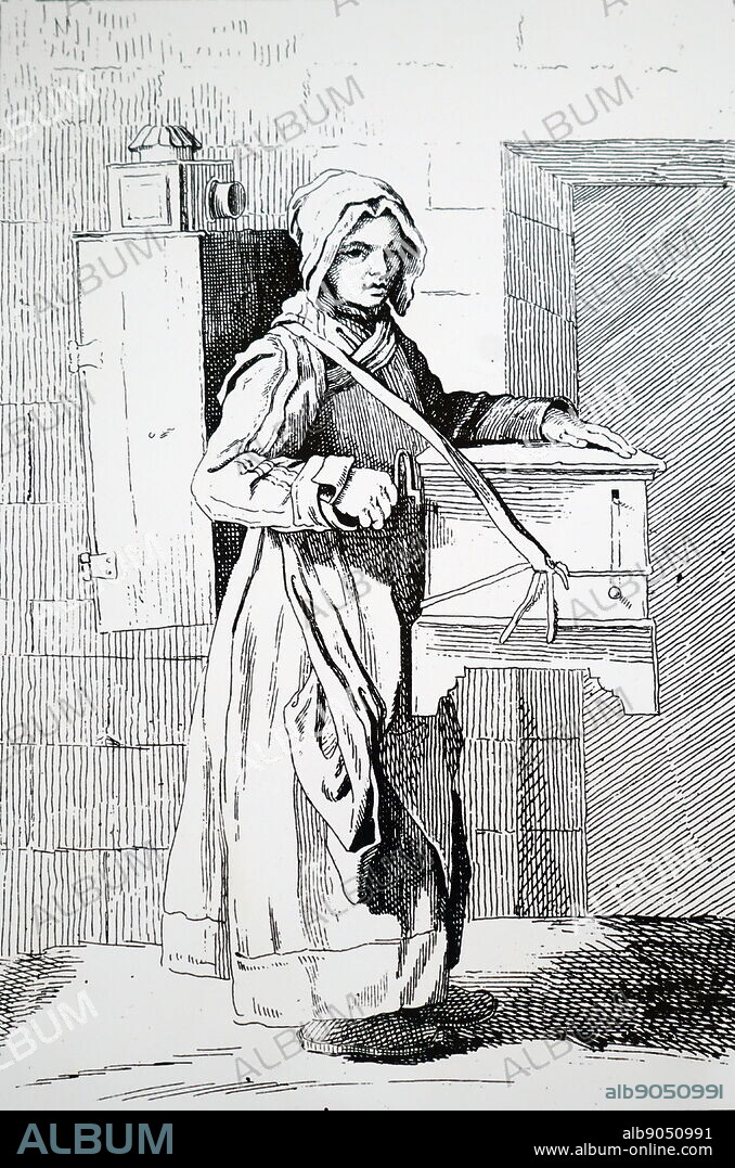 Intererant organ grinder and magic lantern girl. From Bouchardon Cris de Paris, 1737-42.