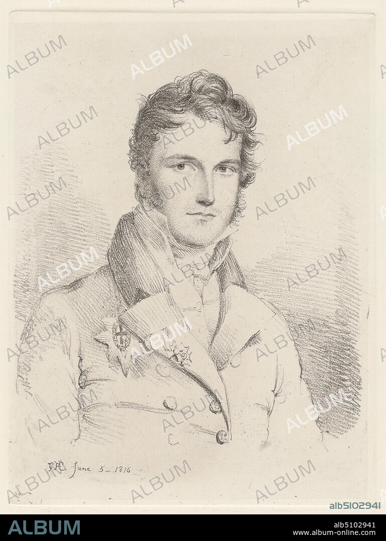 H.R.H. Prince Leopold, Queen Victoria's Uncle, Sir George Hayter, 17921871, British, after Sir George Hayter, 17921871, British, 1816, Stipple engraving and soft-ground etching on thick, slightly textured, cream wove paper with gray chine collé, Sheet: 14 15/16 x 11 7/16 inches (38 x 29 cm), Plate: 7 15/16 x 5 15/16 inches (20.2 x 15.1 cm), Sheet: 7 11/16 x 5 11/16 inches (19.6 x 14.5 cm), and Image: 7 11/16 x 5 11/16 inches (19.6 x 14.5 cm), collar, cravat, king (person), medals, nobility, pins, portrait, posing, prince, ribbons, solemn, thoughtful.