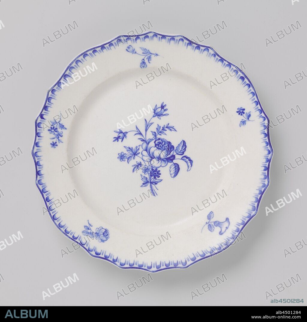 Plate with bouquets and flowers, Plate of soft-paste porcelain (pate tendre) with a scalloped edge, painted in underglaze blue. On the shelf a bouquet of different flowers and on the edge five scattered flowers. Outside, a decorative band (godron frieze). Marked on the bottom with the crossed swords with four crosses and III., Doornik, c. 1795 - c. 1805, porcelain (material), glaze, cobalt (mineral), vitrification, h 2.9 cm d 24 cm d 14 cm.