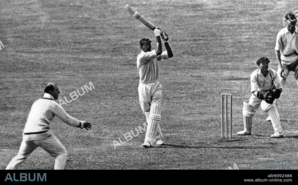 K S Duleepsinhji batting in the third test match agianst Australia at Leeds in 1930. Notice the cross legged stance also characteristic of Ranjitsinhji.