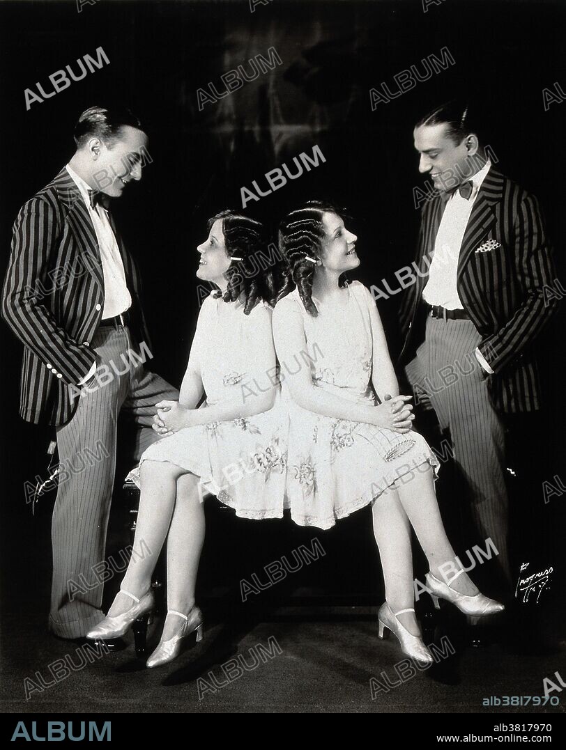 Entitled: "Daisy and Violet Hilton, conjoined twins, being wooed by two young men". Daisy and Violet Hilton (February 5, 1908 - January 4. 1969) were a pair of English Siamese Twins, joined by their hips and buttocks; they shared blood circulation and were fused at the pelvis but shared no major organs. Their mother worked in a bar and sold the twins to her boss, who toured them around the world. They gained recognition in Germany, the US and Australia and tap danced in a Bob Hope act. They gained independence in 1931 and went into vaudeville. Violet was a saxophonist and Daisy a violinist. After vaudeville lost popularity, the sisters performed in burlesque, and struggled to make a living. Their last public appearance was in 1961 at a drive-in cinema in Charlotte, North Carolina. Their manager abandoned them there, and with no means of transportation or income, they were forced to take a job in a nearby grocery store. In 1969, after they failed to report to work, their boss called the police. The twins were found dead in their home, victims of the Hong Kong flu. According to a forensic investigation, Daisy died first; Violet died between two and four days later. They were 60 years old. Progress Studio, New York, 1927.