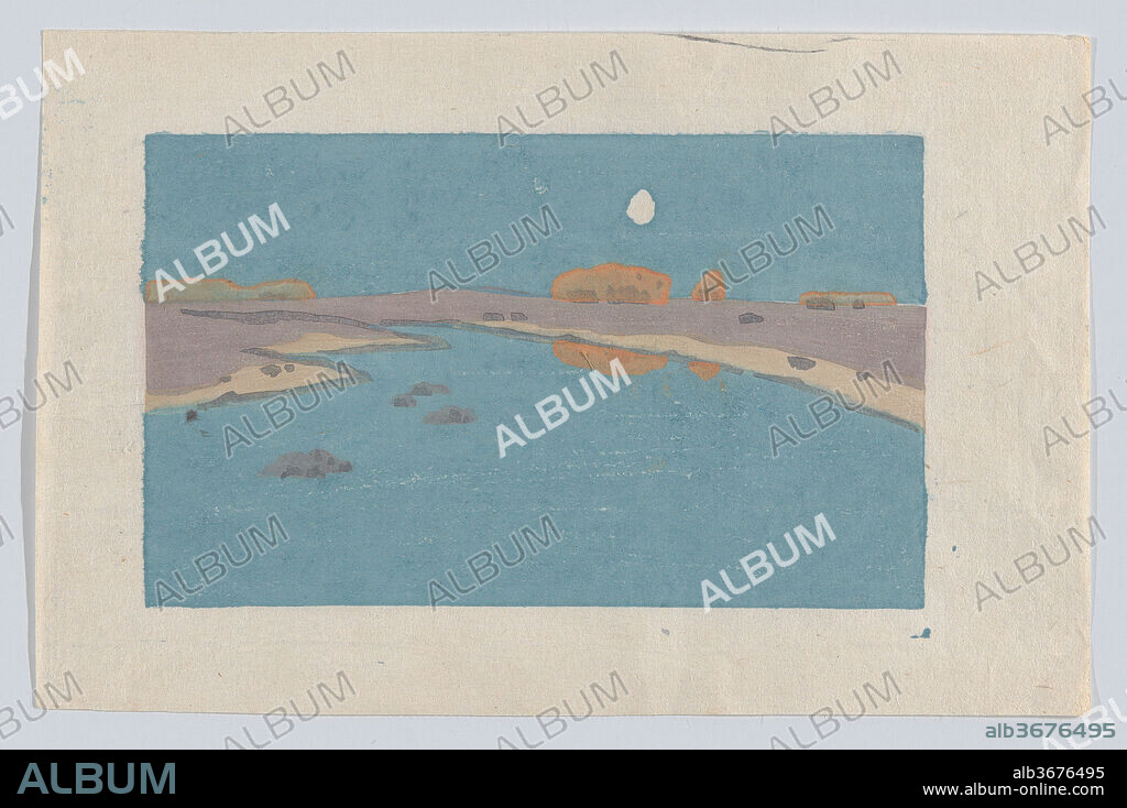 Marsh Creek. Artist: Arthur Wesley Dow (American, Ipswich, Massachusetts 1857-1922 New York State). Dimensions: Image: 4 1/8 × 6 13/16 in. (10.5 × 17.3 cm)
Sheet: 5 7/8 × 9 3/16 in. (15 × 23.4 cm). Date: ca. 1907.
A leader of the American Arts and Crafts movement, Dow's advanced ideas concerning color and design are beautifully conveyed by his woodcuts. Born in Ipswich, Massachusetts, the artist studied tonalist painting in France for five years then returned to Boston in 1889. Fascinated by Ukiyo-e prints, Dow examined examples at the Museum of Fine Arts, together with Japanese printing equipment at the Smithsonian Institution. After mastering a multi-block process, he created forty compositions between 1891 and 1921, many printed in multiple variations with experimental inking. These works explore the expressive potential of color and, in 2016, the Museum acquired a significant group, including Marsh Creek. Exemplifying Dow's mature technique, no key-block was used in this print, and the landscape is formed from adjacent color zones. Printing the layers required great skill, and overlapping forms have been used to great effect. Thinly applied golden ink veils underlying blues and purples, with ripples scored into the wet ink -- a technique more common to watercolor than woodblock printing. Other variants of this subject use dark tones to suggest a moonlit scene, but the present example evokes bright twilight.