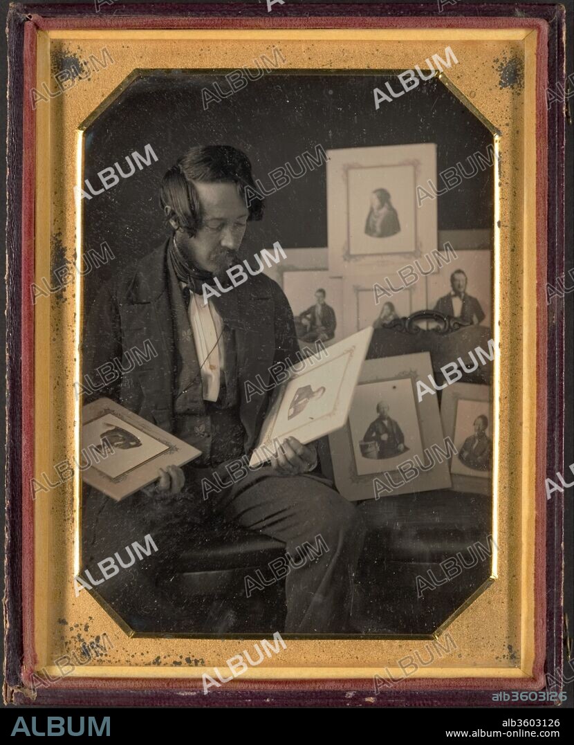 Frederick Langenheim Looking at Talbotypes. Artist: William Langenheim (American, born Germany, Schöningen 1807-1874); Frederick Langenheim (American, born Germany, Schöningen 1809-1879). Dimensions: Image: 12.1 × 8.9 cm (4 3/4 × 3 1/2 in.)
Case: 1.6 × 15.2 × 11.9 cm (5/8 in. × 6 in. × 4 11/16 in.). Photography Studio: W. & F. Langenheim (American, active 1843-1874). Date: ca. 1849-51.
In 1849 the Langenheim brothers bought the United States patent for making photographs from paper negatives from William Henry Fox Talbot, the medium's inventor. The Langenheims also continued to produce daguerreotypes, such as this brilliant composition in which Frederick examines a group of Talbotype portraits-including his own-that may themselves be copies of daguerreotypes. In other words, this image presents three distinct subjects: Frederick Langenheim, photography itself, and the very process of reproduction. Using the nonreproducible daguerreotype process to make a picture about reproduction may seem paradoxical, but the incomparable detail seen here, from the visible writing on the mounts of the paper prints to the finely woven pattern in Frederick's silk vest, would have been impossible to capture with a paper negative.