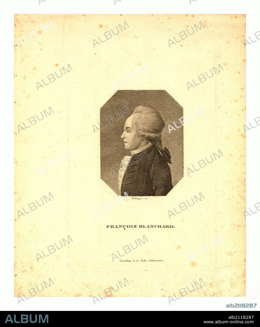 François Blanchard / Bollinger, sc., Zwickau : b.d. Gebr. Schumann, [between 1780 and 1800] , Half-length profile portrait of French balloonist Jean-Pierre Blanchard.