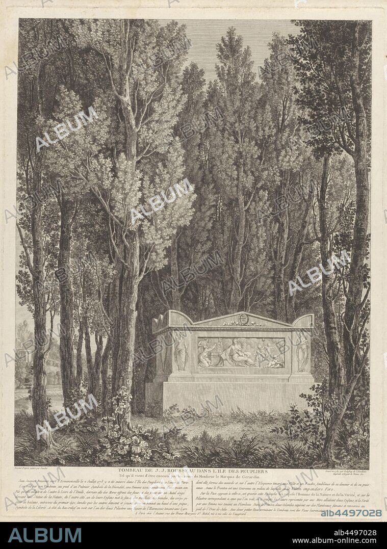 Tomb of Jean-Jacques Rousseau on the Ile des Peupliers in Ermenonville Tombeau de J.J. Rousseau dans l'Ile des Peupliers (title on object), grave, tomb, island, Ermenonville, Jean-Jacques Rousseau, Francois Godefroy (mentioned on object), 1781, paper, etching, h 530 mm × w 394 mm.