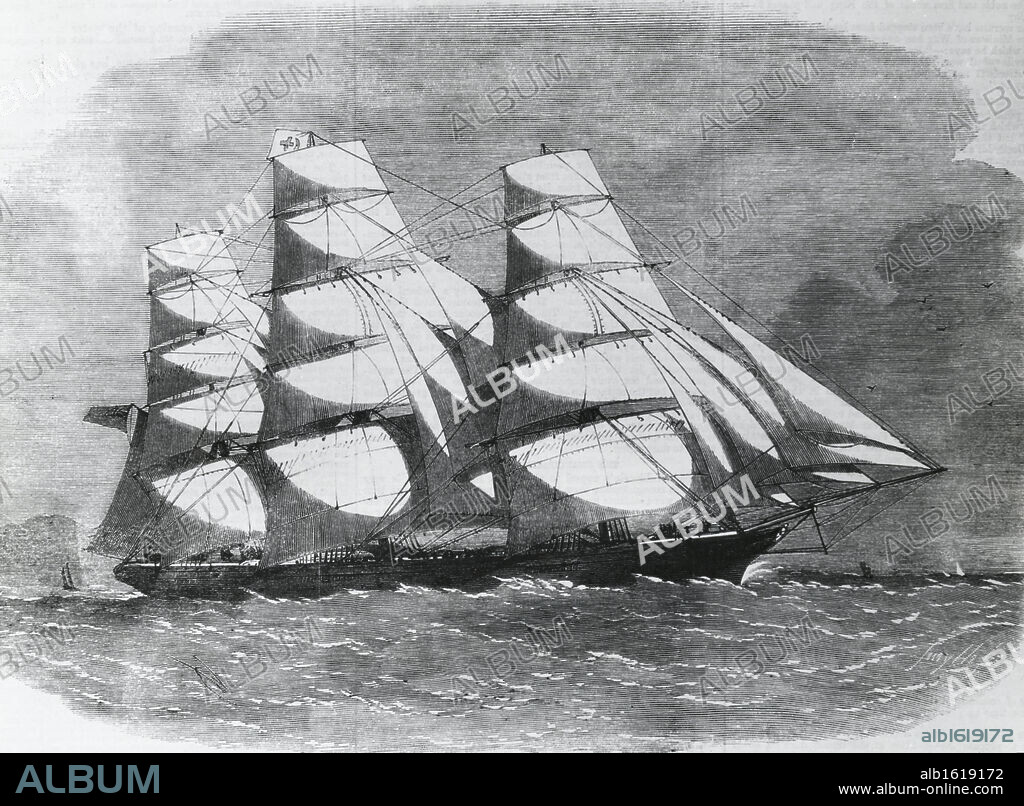 ARTIST UNKNOWN. Clipper ship launched in Liverpool on August 11,  1862 by unknown artist,  illustration.