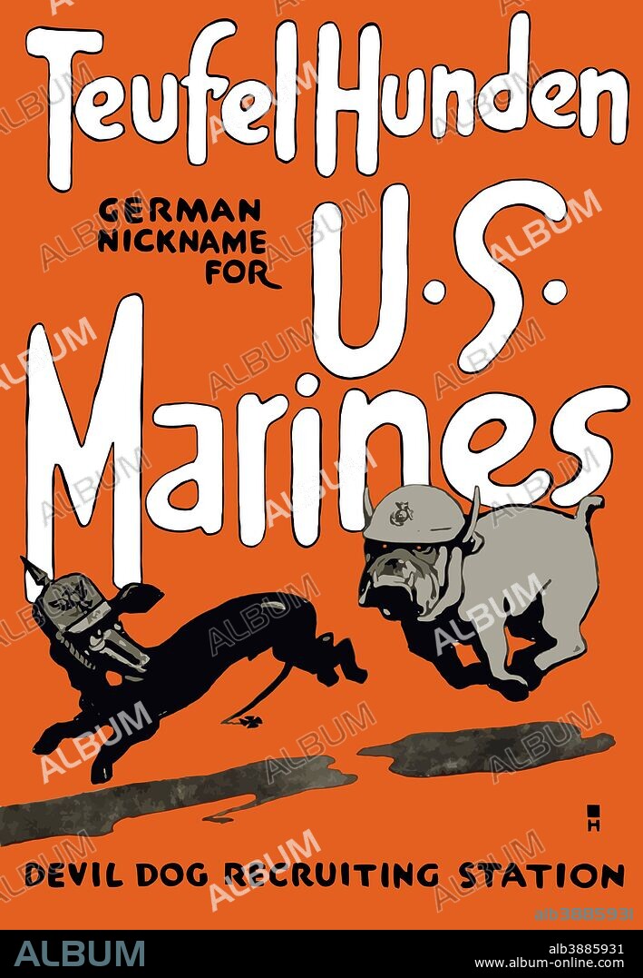 Vintage World War One poster of a Marine Corps bulldog chasing a German dachshund. It reads, Teufel Hunden German Nickname For U.S. Marines, Devil Dog Recruiting Station.