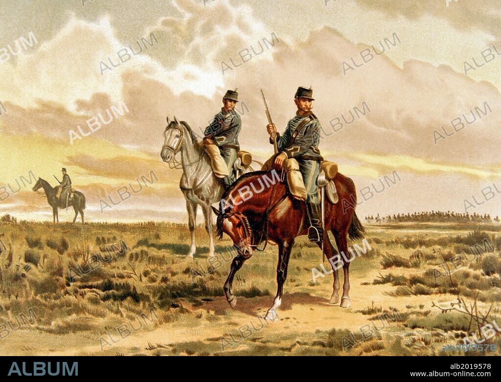 Ricardo Balaca y Orejas-Canseco (1844-1880). Pintor español especializado en la representación de escenas de batallas. "Una Avanzada de Caballeria".