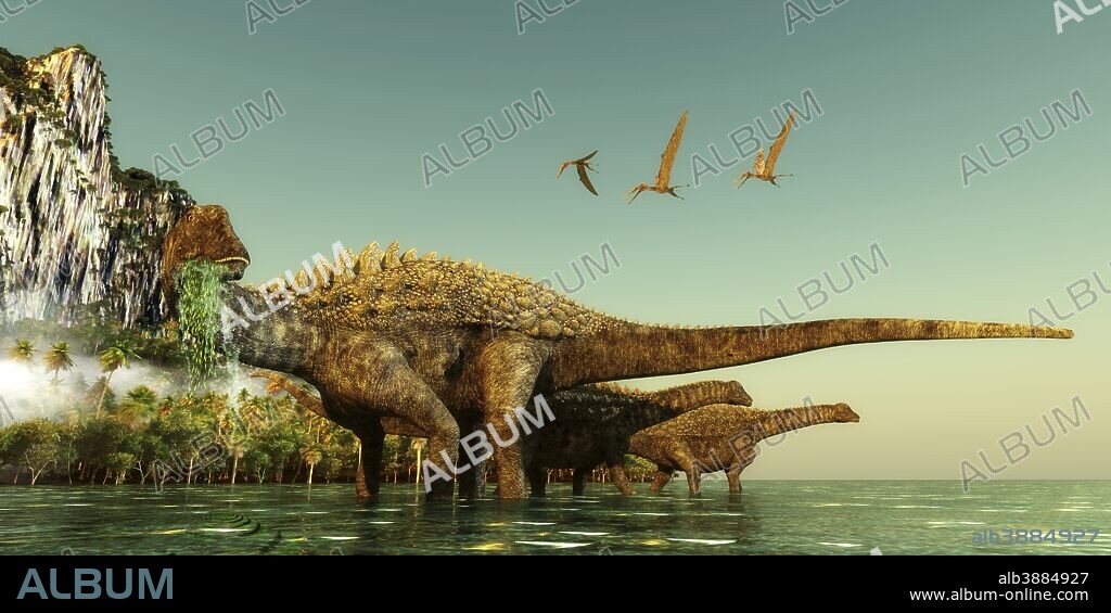 Ampelosaurus dinosaurs wade out into the water to eat underwater vegetation in the Cretaceous Period.