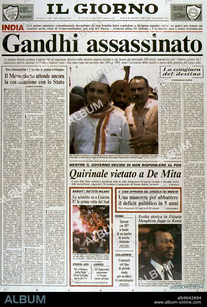 Front cover of the French Magazine 'Le Figaro' following the assassination of Rajiv Gandhi, 1944 1991. 6th Prime Minister of India, serving from 1984 to 1989. He took office after the 1984 assassination of his mother, Prime Minister Indira Gandhi,.