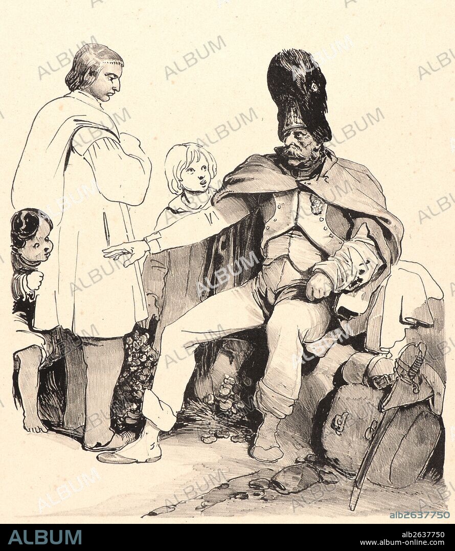 Nicolas Toussaint Charlet (French, 1792 - 1845). Wounded Grenadier of the Imperial Guard Talking to a Peasant and Two Children, ca. 1830. Pen and crayon lithograph on tan wove paper. Sheet: 501 mm x 321 mm (19.72 in. x 12.64 in.).
