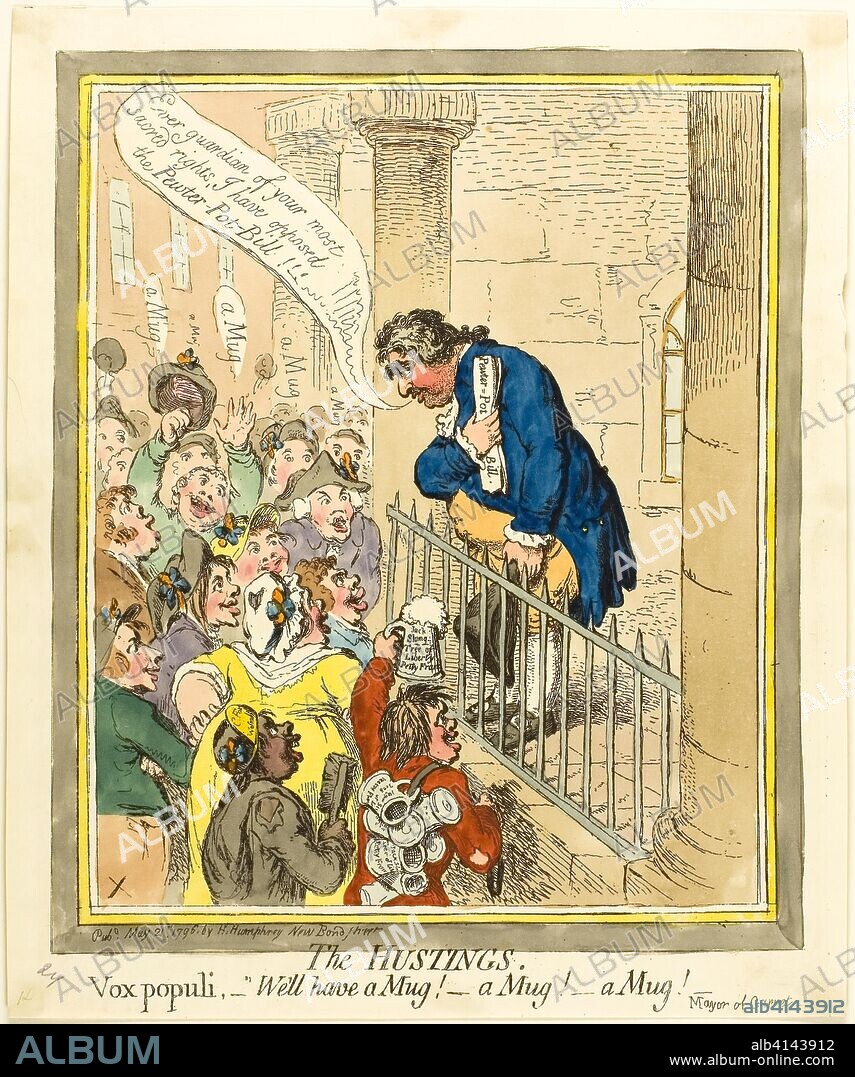 The Hustings. James Gillray (English, 1756-1815); published by Hannah Humphrey (English, c. 1745-1818). Date: 1796. Dimensions: 310 × 249 mm (image); 336 × 261 mm (plate); 336 × 279 mm (sheet). Etching in dark brown, with handcoloring, on cream wove paper. Origin: England.