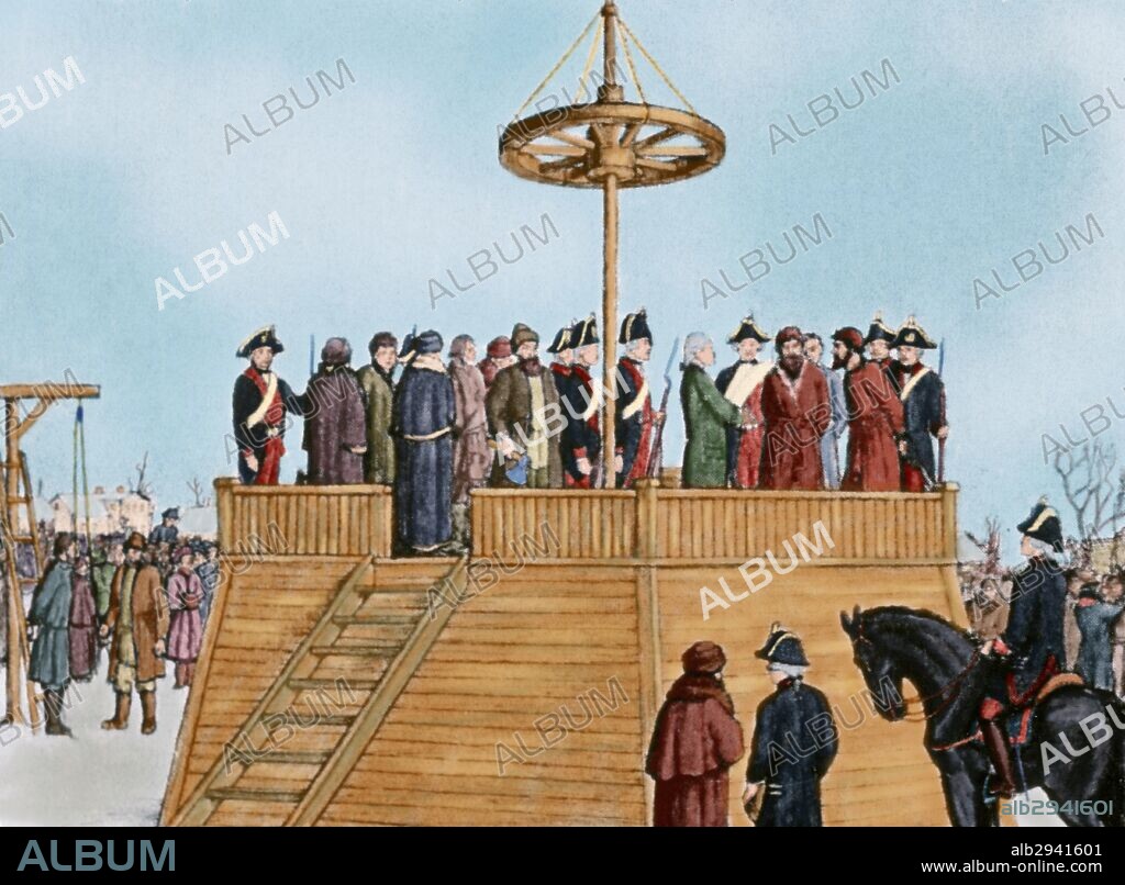 Yemelyan Pugachev (ca.1742-1775). Pretender to the Russian throne and leader of the Russian uprising. Execution of Pugachev in Bolotnaya Square, Moscow (January 1775). Engraving by Bolotoy. 18th century. Colored.