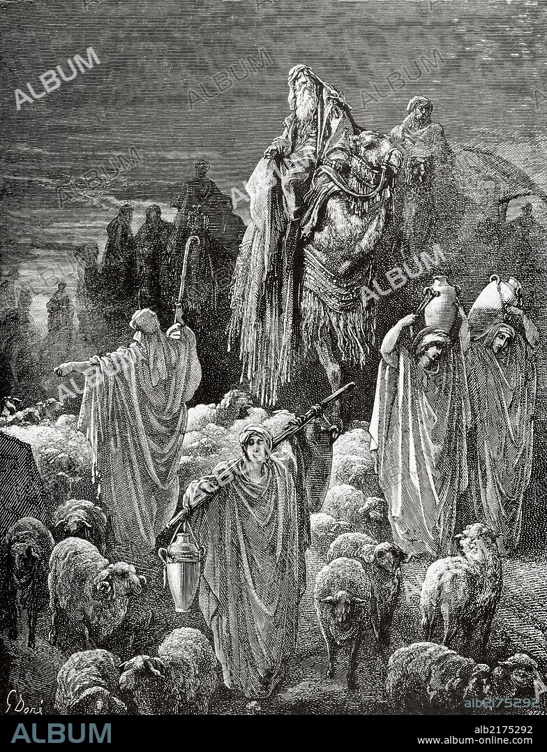 PAUL GUSTAVE DORÉ (after). Old Testament. Jacob. Third patriarch of the Hebrew people. Jacob goes to Egypt. Genesis. Cap. XLVI. Engraving by Gustave Dore. 19th century.