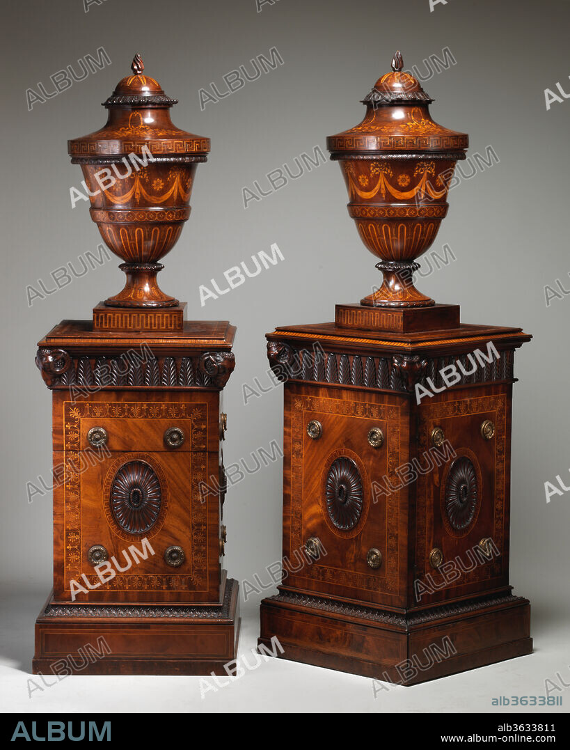 Pair of urns and pedestals. Culture: British. Designer: In the style of Robert Adam (British, Kirkcaldy, Scotland 1728-1792 London). Dimensions: .1a):  H 19-5/8 in. (49.8 cm), H. of base 9-5/8 in. (24.4 cm); 
1b):  H. 10-7/8 in. (27.6 cm), Diam. 15-5/8 in. (39.7 cm); 
.1c):  H. 36-1/4 in. (92.1 cm); 
.2a):  H. 20-3/16 in. (51.3 cm), base H. 9-5/8 in. (24.4 cm); .
2b):  H. 10-3/4 in. (27.3 cm), Diam. 15-3/8 in. (39.1 cm); 
.2c):  H. 36-1/2 in. (92.7 cm). Date: ca. 1780 with latter additions.