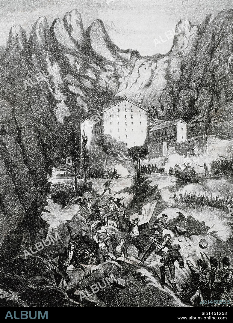 Peninsular War (1808-1814)Conquest and plunder of the monastery of Montserrat by French troops, 1811. Lithography, 19th century.