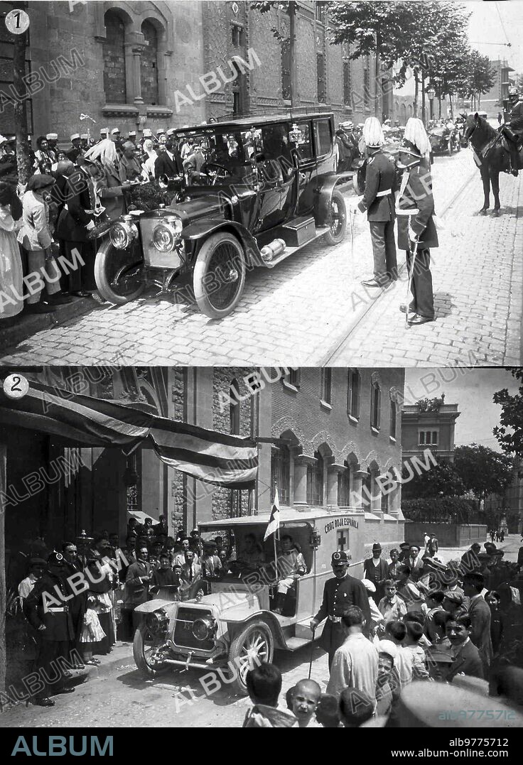 10 julio 1918. La fiesta de san Cristóbal, en Barcelona. 1.-ante la iglesia de los Pp. Carmelitas, bendición del coche del capitán General. 2.-en nuestra Señora de Pompeya, bendición de un automóvil de la cruz Roja.