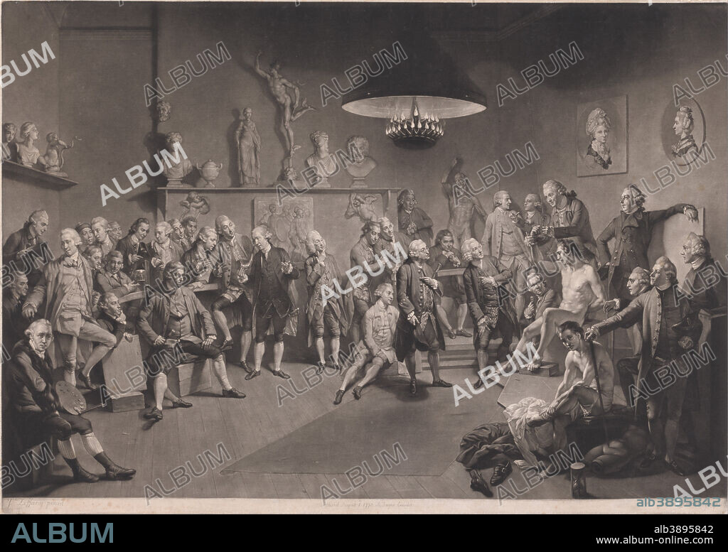 RICHARD EARLOM. Life School at the Royal Academy. Date/Period: 1773. Print. Mezzotint on moderately thick, slightly textured, cream laid paper. Height: 489 mm (19.25 in); Width: 718 mm (28.26 in).