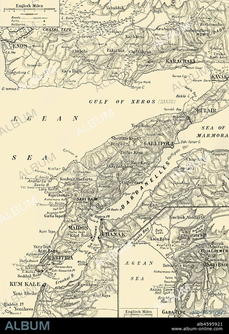 'Detailed Map of Gallipoli and Dardanelles', 1916. The Gallipoli campaign took place on the Gallipoli peninsula from 17 February 1915 to 9 January 1916. From "The War Illustrated Album De Luxe - Volume IV. The Summer Campaign - 1915", edited by J. A. Hammerton. [The Amalgamated Press, Limited, London, 1916].