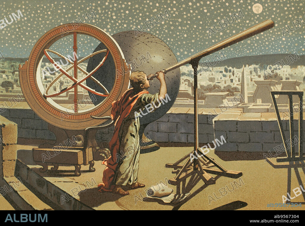 JOAN PLANELLA I RODRíGUEZ (1849-1910). SPANISH PAINTER.. Hipparchus (c. 190 BC-120 BC). Greek astronomer and mathematician. Hipparchus at the Alexandria Observatory. Drawing by J. Planella. Chromolithography. "Historia Universal" by César Cantú. Volume III, 1882.