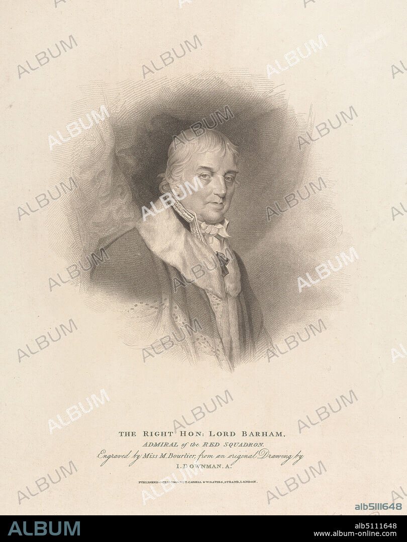 Admiral Charles Middleton, 1st Baron Barham, Maria Anne Bourlier, active 1807, British, after John Downman, 17501824, British, 1809, Stipple engraving on moderately thick, moderately textured, cream, wove paper, Sheet: 13 7/8 × 11 inches (35.2 × 27.9 cm).