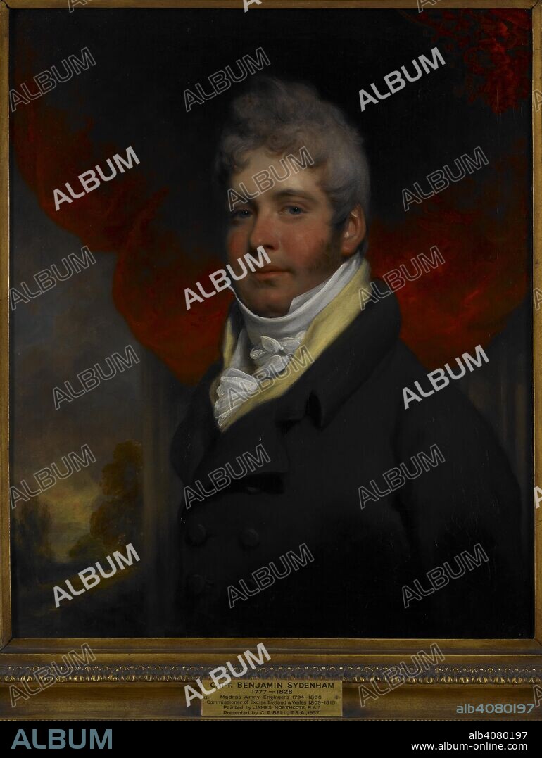 ANON. Captain Benjamin Sydenham (1777-1828), c.1810 A half-length portrait, the body slightly turned to the left, the face looking at the spectator. Sydenham wears a black coat, cream waistcoat and white stock. A red curtain is draped behind him and in the distance is a landscape. He served in the Madras Engineers 1796-1808, returning to England on leave in 1801 with his mother after the death of his father. He was a protÃ©gÃ© of Sir Arthur Wellesley and went back to England with him in 1808. He became involved in politics and was sent on a mission to Wellesley in Spain in 1809. He held the post of Commissioner of Excise, England and Wales 1809-15. He led a gay social life and had an affair with Harriette Wilsonâ€™s sister Amy. It is said that when visited in Venice by his uncle General Robert Bell in 1820, he wore a mask to hide his ravaged features. â€˜. c. 1810. Oil painting. 30 by 25 ins (76 by 64 cms). Source: Foster 627.