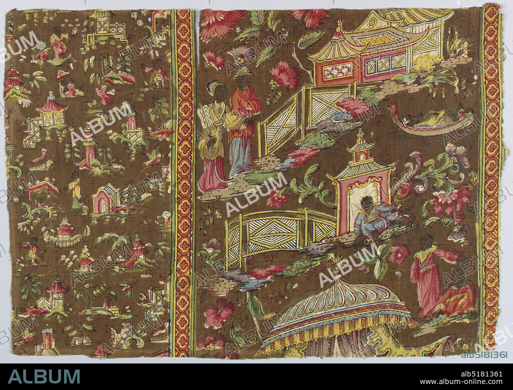 Border, Charles Swainson, English, Medium: cotton (cotton confirmed through microscope) Technique: block-printed on plain weave, Fragment of printed cotton; border design in chinoiserie showing incomplete temples and buildings. An even smaller design of pavilions, bridges, and ships encloses the center on right side. On either side, two small bands, vertical and geometric, help to overcome the difference in scale. The design is carried out on a brown ground in shades of red, blue, green, yellow and white., Europe, early 19th century, printed, dyed & painted textiles, Border.