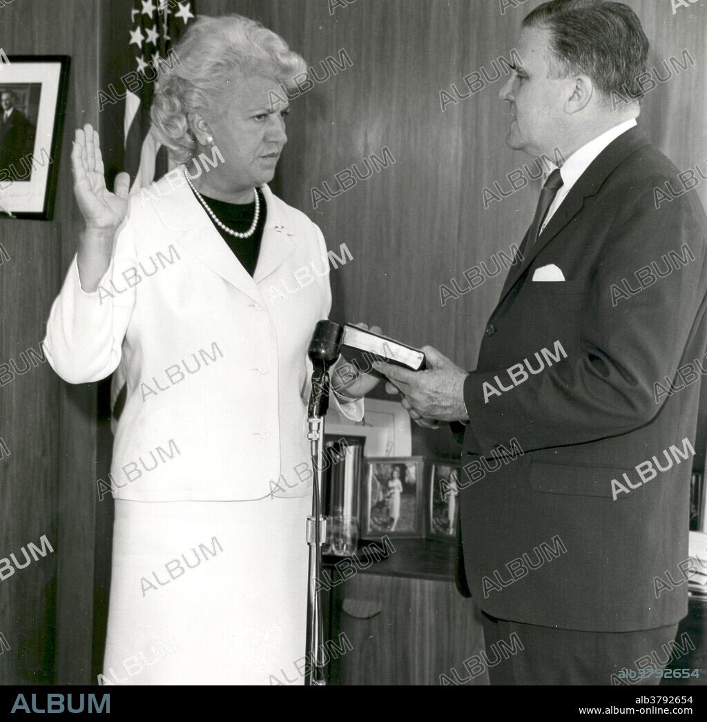 Cochran being sworn in as a consultant by NASA Administrator James E. Webb in 1961. Jacqueline Cochran (May 11, 1906 - August 9, 1980) was a pioneer American aviator. She learned to fly an aircraft in just three weeks, soloed and within two years obtained her commercial pilot's license. In 1937, she was the only woman to compete in the Bendix race.That year, she also set a new woman's national speed record. By 1938, she was considered the best female pilot in the USA. She had won the Bendix and set a new transcontinental speed record as well as altitude records. She was the first woman to fly a bomber across the Atlantic. She won five Harmon Trophies as the outstanding woman pilot in the world. Sometimes called the "Speed Queen," at the time of her death, no other pilot held more speed, distance or altitude records in aviation history, than Cochran. She was the first woman to break the sound barrier (with Chuck Yeager right on her wing), the first woman to fly a jet across the ocean, as well as setting many other aviation records. In the 1960s, Cochran was a sponsor of the Mercury 13 programs. She died in 1980 at the age of 74.